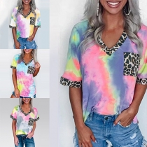 Fashion Leopard Tie-dye Printed Short Sleeve V-neck T-shirt