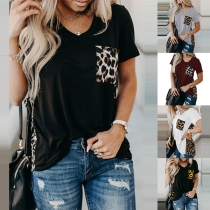 Fashion Leopard Spliced Short Sleeve V-neck T-shirt