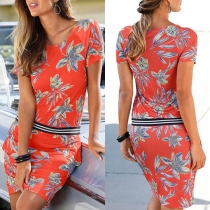 Fashion Short Sleeve Round Neck Slim Fit Printed Dress(The size runs small)