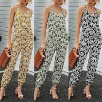 Sexy Backless V-neck High Waist Printed Sling Jumpsuit