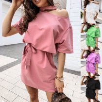 Sexy Off-shoulder Short Sleeve Solid Color Halter Dress