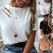 Fashion Solid Color Short Sleeve Round Neck Ripped T-shirt