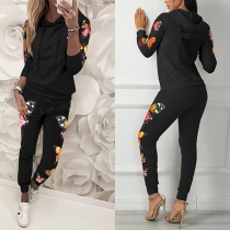 Fashion Butterfly Printed Long Sleeve Hooded Sweatshirt + Pants Two-piece Set
