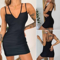 Sexy Backless V-neck Solid Color Slim Fit Sling Mini Dress