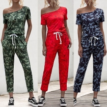 Fashion Short Sleeve Oblique Shoulder Camouflage Printed Jumpsuit