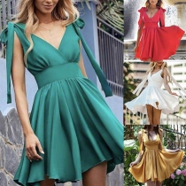Sexy Backless V-neck High Waist Solid Color Dress