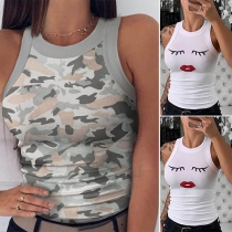 Fashion Sleeveless Round Neck Slim Fit Printed Top