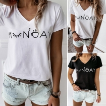 Casual Style Short Sleeve V-neck Letters Printed T-shirt