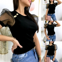 Sexy Gauze Spliced Puff Sleeve Round Neck T-shirt