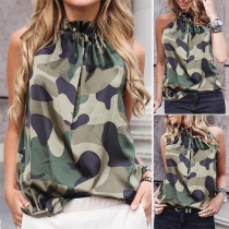 Sexy Off-shoulder Ruffle Stand Collar Camouflage Printed Top