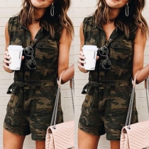 Fashion Sleeveless POLO Collar Camouflage Printed Romper(The size falls small)