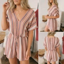 Fashion Short Sleeve V-neck Striped Romper