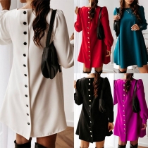 Fashion Solid Color Long Sleeve Back-button A-line Dress