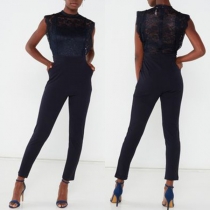 Sexy Lace Spliced Sleeveless High Waist Slim Fit Jumpsuit