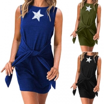 Fashion Star Printed Sleeveless Round Neck Lace-up Dress