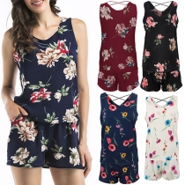 Fashion Sleeveless V-neck Printed Top + Shorts Two-piece Set