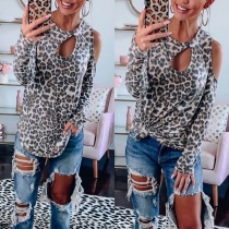 Sexy Off-shoulder Long Sleeve Round Neck Leopard Printed T-shirt