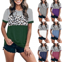 Fashion Leopard Striped Spliced Short Sleeve Round Neck T-shirt