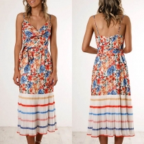 Sexy Backless V-neck High Waist Printed Sling Dress