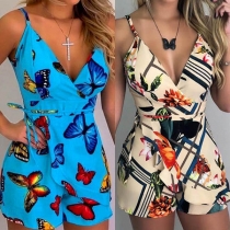 Sexy Backless V-neck High Waist Printed Sling Romper(The size falls small)