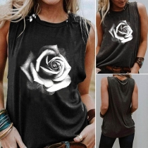 Fashion Rose Printed Sleeveless Round Neck T-shirt
