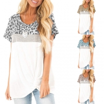 Fashion Leopard Spliced Short Sleeve Twisted Hem T-shirt