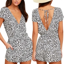 Sexy Backless V-neck Short Sleeve Leopard Printed Romper