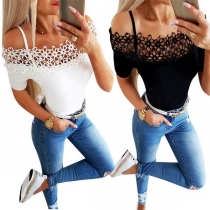 Sexy Hollow Out Lace Spliced Boat Neck Short Sleeve T-shirt