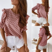 Sweet Style Short Sleeve Round Neck Dots Printed Ruffle Top