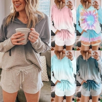 Fashion Color gradient Long Sleeve Hooded Top + Shorts Two-piece Set