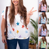 Fashion Short Sleeve V-neck Star Printed Loose T-shirt