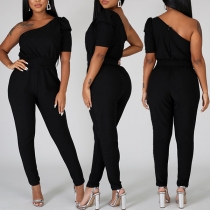 Sexy One-shoulder Short Sleeve High Waist Solid Color Jumpsuit