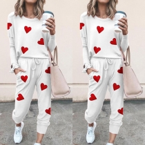 Fashion Heart Printed Long Sleeve Top + Pants Two-piece Set