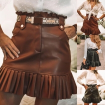 Fashion Solid Color High Waist Pleated Hem PU Leather Skirt