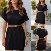 Fashion Solid Color Short Sleeve Round Neck Dress(Without belt)