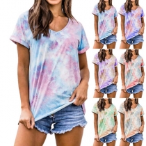 Fashion Tie-dye Printed Short Sleeve V-neck T-shirt