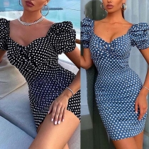 Sexy V-neck Puff Sleeve Slim Fit Dots Printed Dress