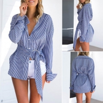 Fashion Long Sleeve POLO Collar Striped Shirt with Waist Strap