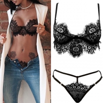 Sexy Low-waist Solid Color Lace Bra + T-back Two-piece Set