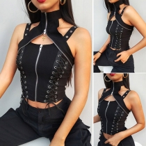 Sexy Backless Front-zipper Lace-up Sling Top