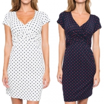 Fashion Short Sleeve V-neck Dots Printed Maternity Dress