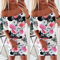 Sexy Ruffle Boat Neck Slim Fit Printed Dress