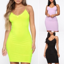 Sexy Backless V-neck Solid Color Slim Fit Sling Dress