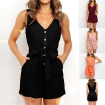 Fashion Solid Color Sleeveless V-neck High Waist Romper