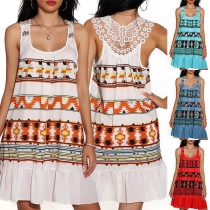 Fashion Sleeveless U-neck Lace Spliced Printed Dress