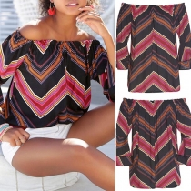 Sexy Off-shoulder Boat Neck Trumpet Sleeve Printed Top