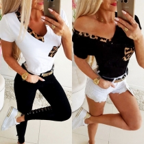 Fashion Leopard Spliced Short Sleeve V-neck T-shirt