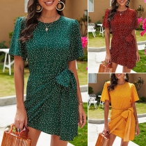 Fashion Short Sleeve Round Neck Dots Printed Lace-up Dress