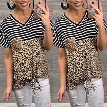 Fashion Leopard Spliced Short Sleeve V-neck Striped T-shirt