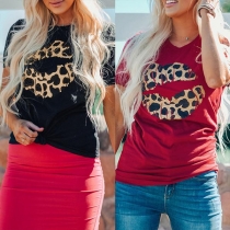 Chic Style Leopard Lip Pattern Short Sleeve Round Neck T-shirt